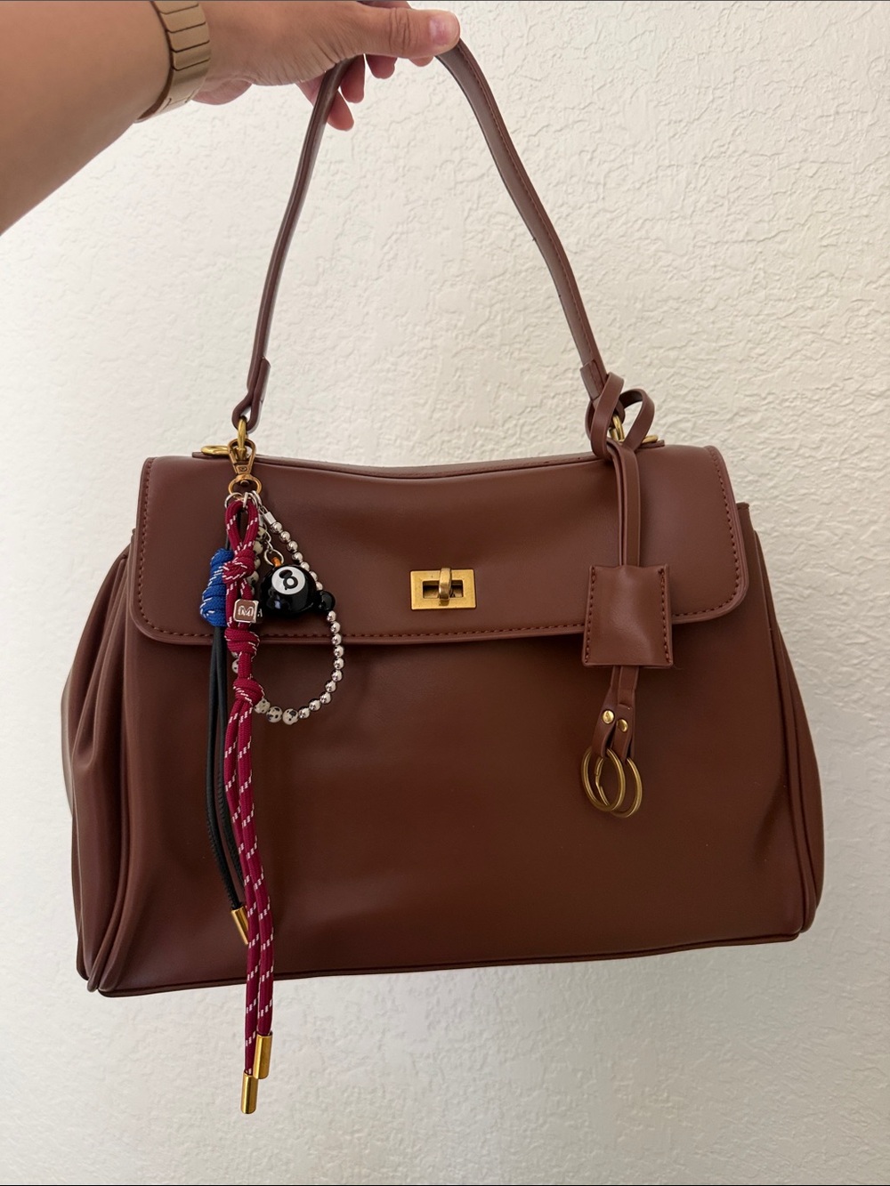 Chocolate Brown Expandable Shoulder Bag w/ Charms & Gold Hardware